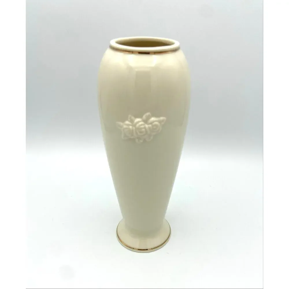 Lenox Ivory Porcelain Rose Blossom Bud Vase Embossed 24K Gold Trim 7 1/2